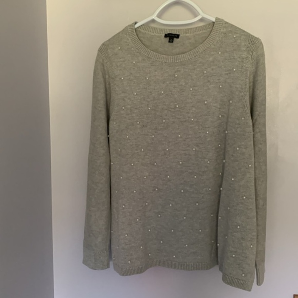 Talbots Grey‎ Pullover Crew Sweater Cotton blend Large Faux Pearls cozy Soft